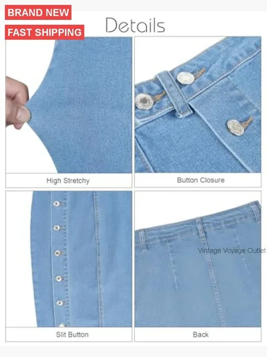 Stretch Denim Midi Skirt High Waisted Button Front Slit Casual - Picture 6 of 7